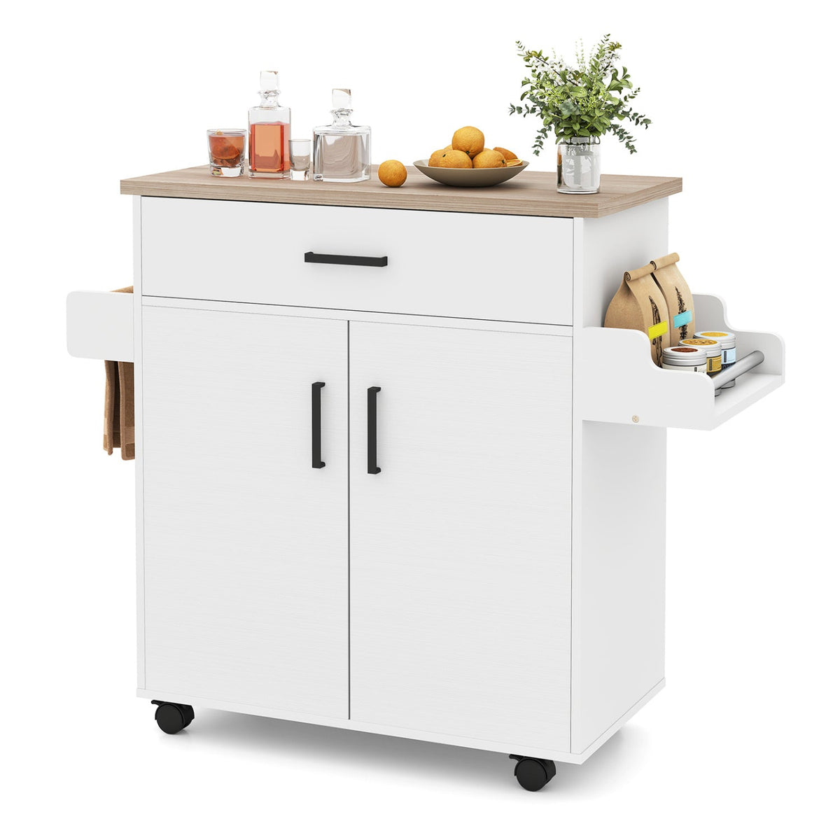 White rolling kitchen island cart with storage and drawer, ideal for kitchen organization and workspace.