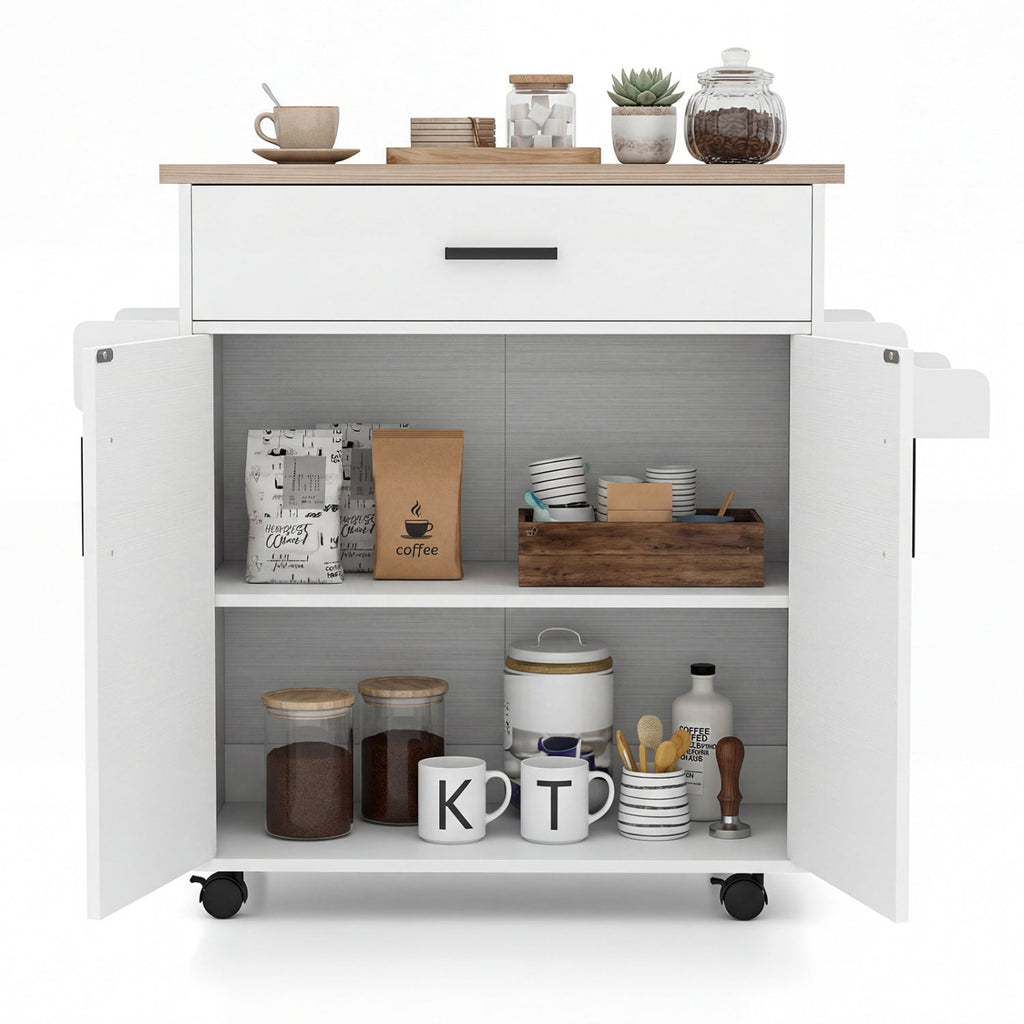 White rolling kitchen island cart with storage and drawer, ideal for kitchen organization and extra workspace.