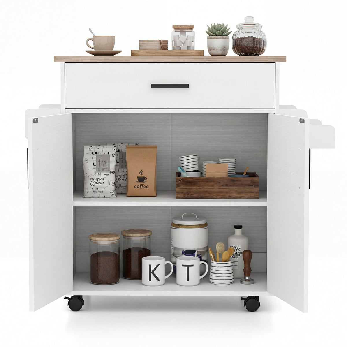 White rolling kitchen island cart with storage and drawer, ideal for kitchen organization and extra workspace.