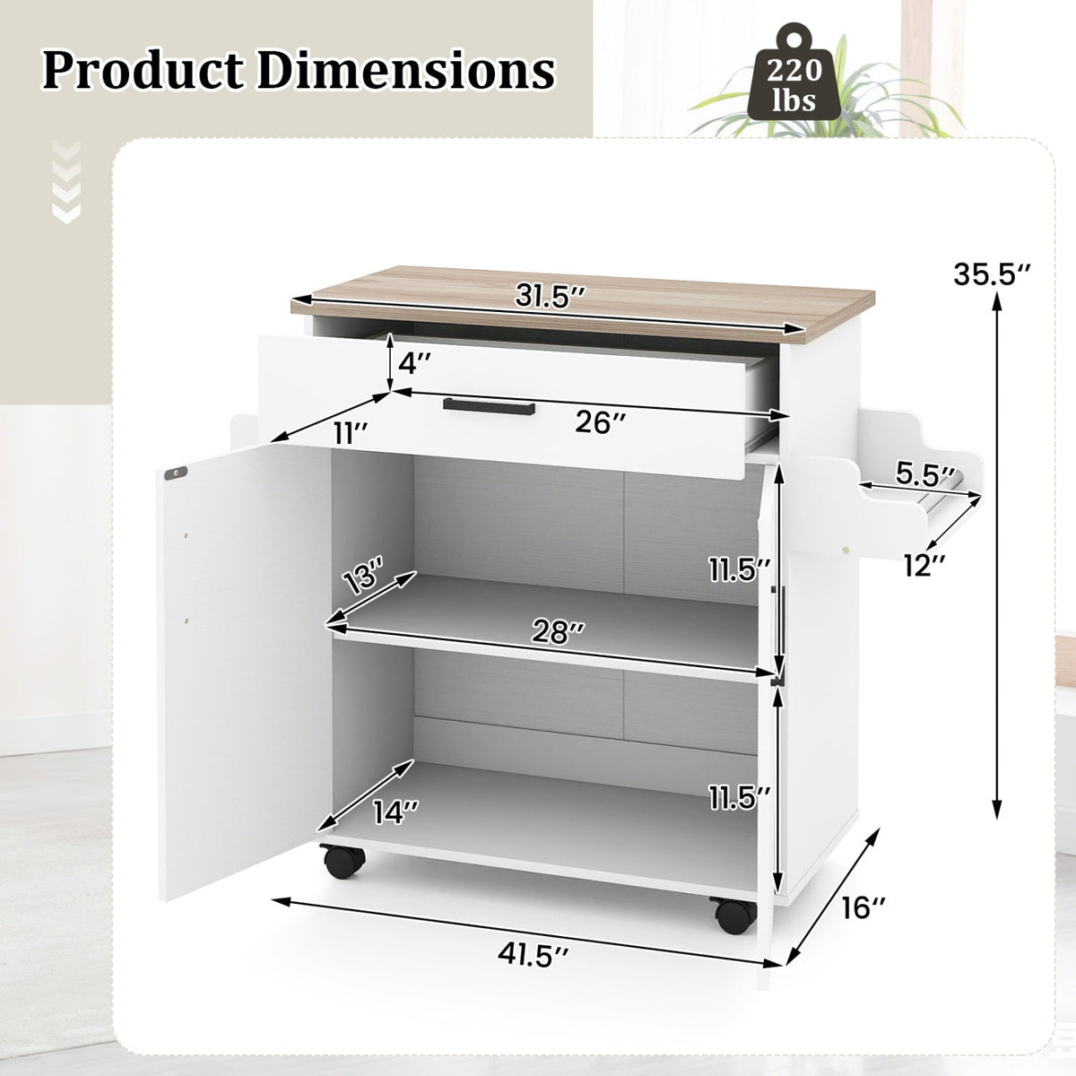 White rolling kitchen island cart with drawer and storage shelves, ideal for kitchen organization and extra workspace.