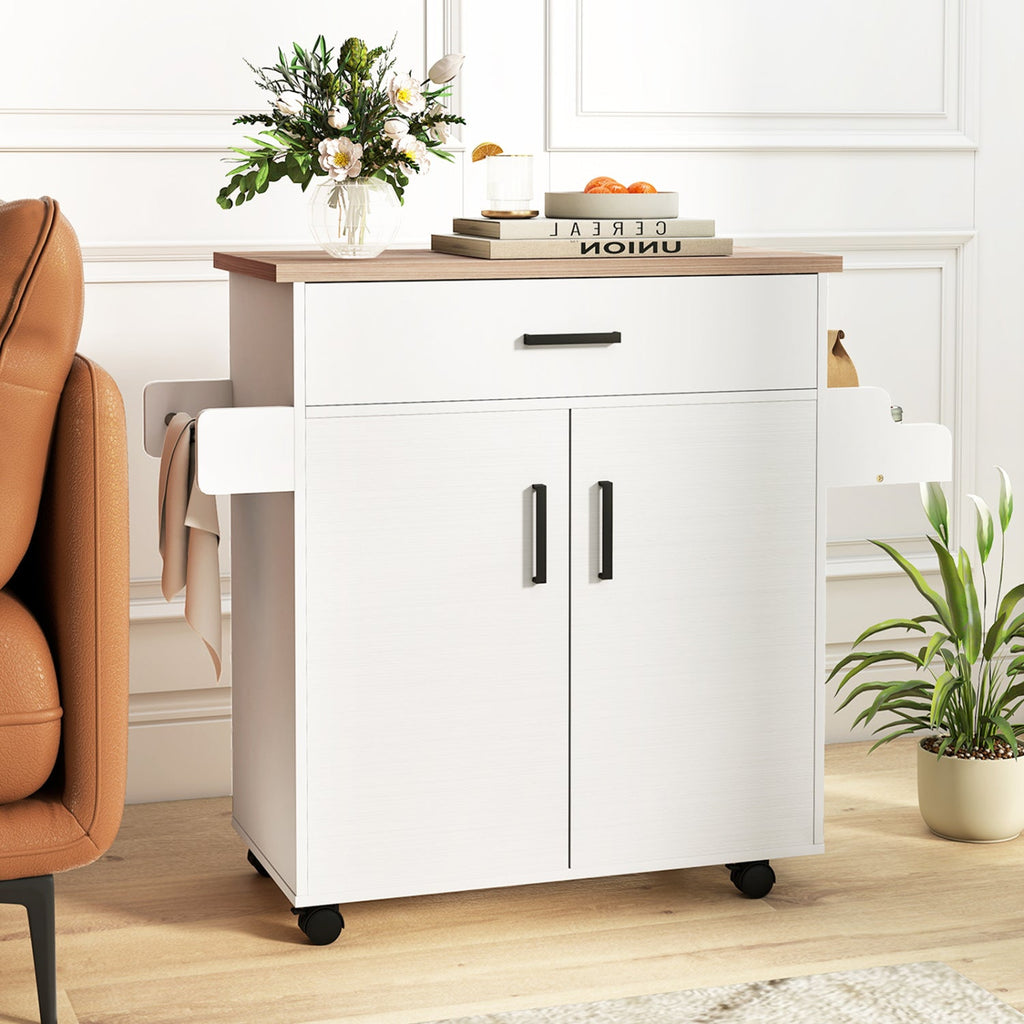 White rolling kitchen island cart with storage and drawer, ideal for kitchen organization and extra workspace.