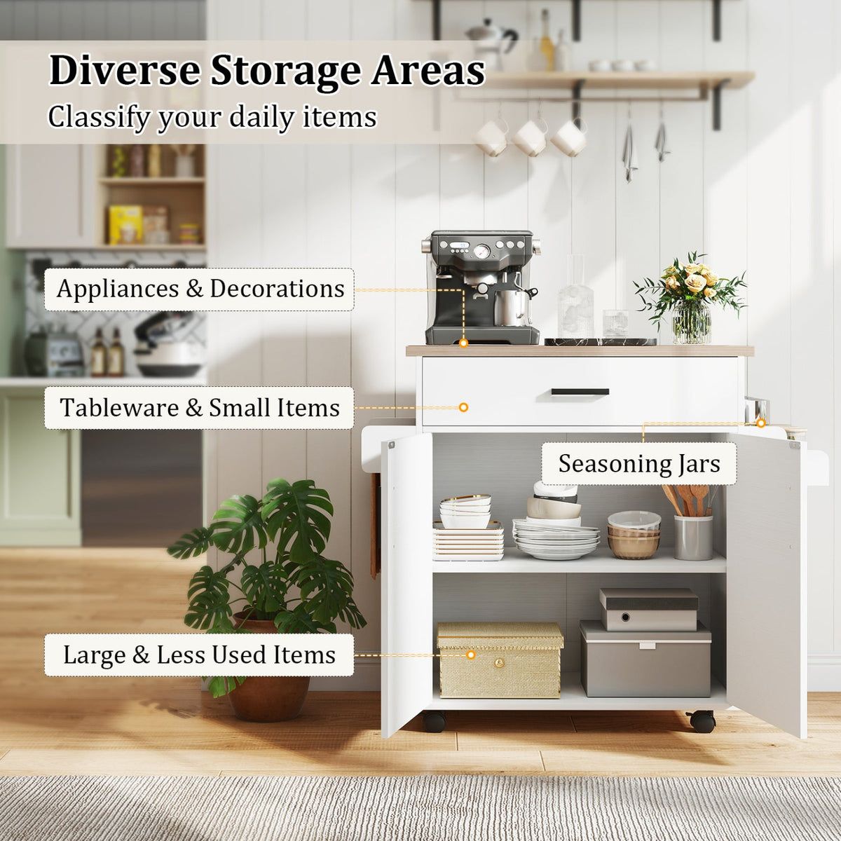 White rolling kitchen island cart with storage and drawer, ideal for kitchen organization and extra counter space.