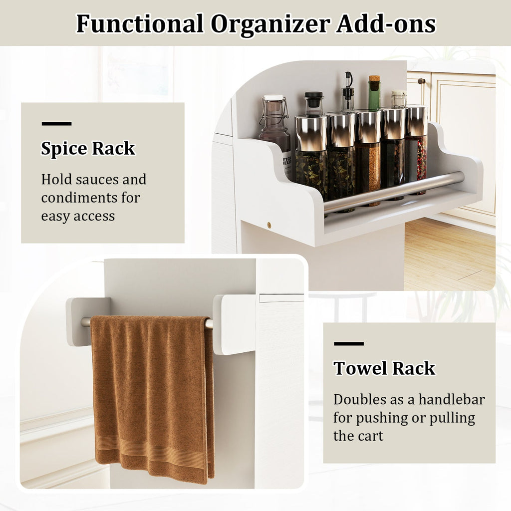 White rolling kitchen island cart with storage drawer and shelves, ideal for kitchen organization and extra workspace.