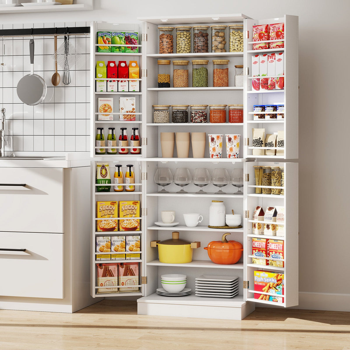 Tall freestanding kitchen pantry cabinet by DirectDeals, 65.5 inches, with multiple shelves for storage and organization.