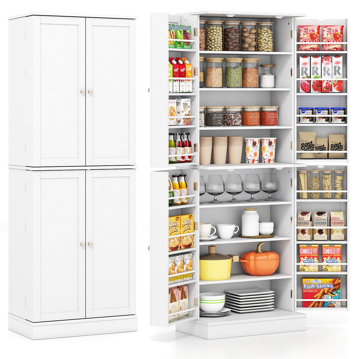 Tall 65.5-inch freestanding kitchen pantry cabinet by DirectDeals with multiple storage shelves and a sleek wooden finish.