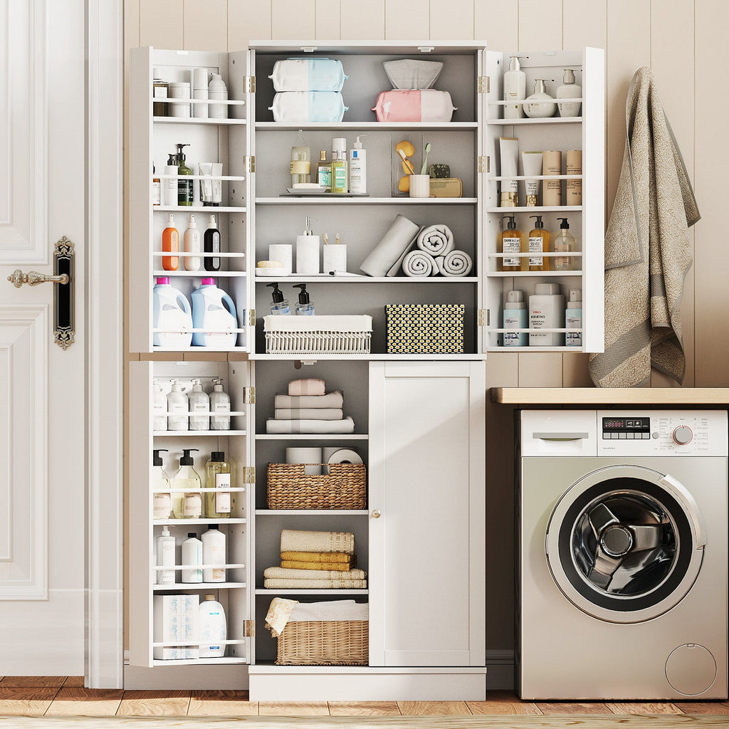 Tall freestanding kitchen pantry cabinet by DirectDeals, 65.5 inches tall, with multiple shelves and storage compartments.