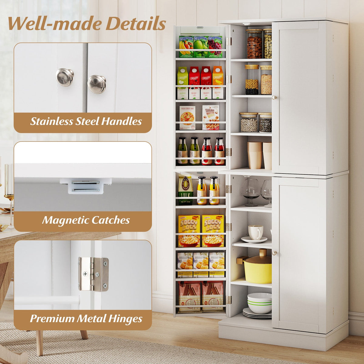 Tall freestanding kitchen pantry cabinet by DirectDeals with multiple shelves and a sleek wood finish for organized storage.