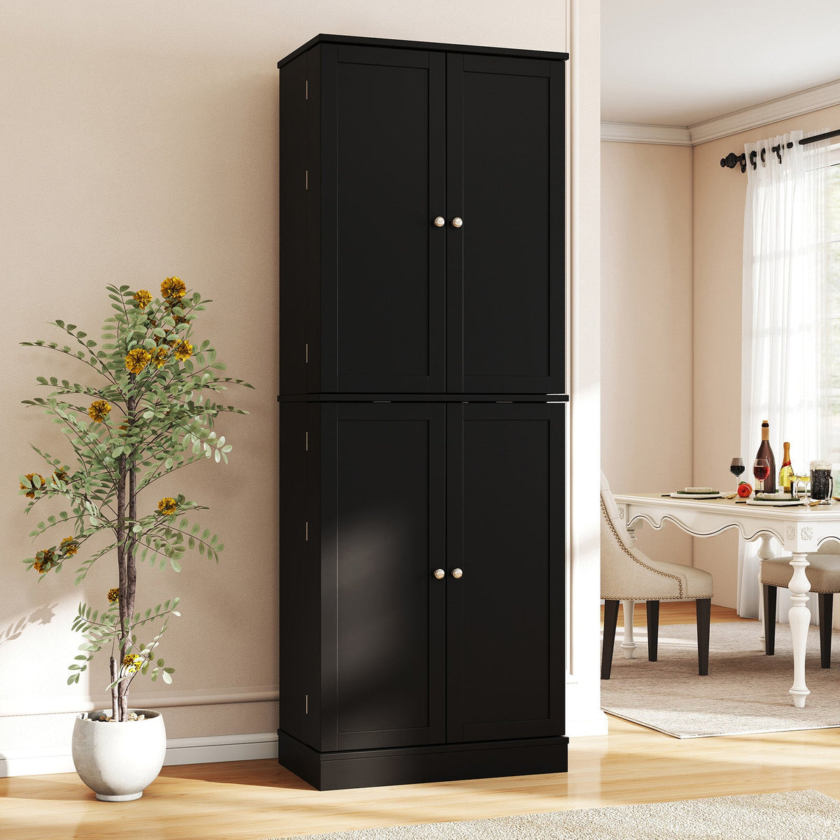 Tall freestanding kitchen pantry cabinet by DirectDeals with 65.5-inch height, featuring adjustable shelves and a sleek wood finish.