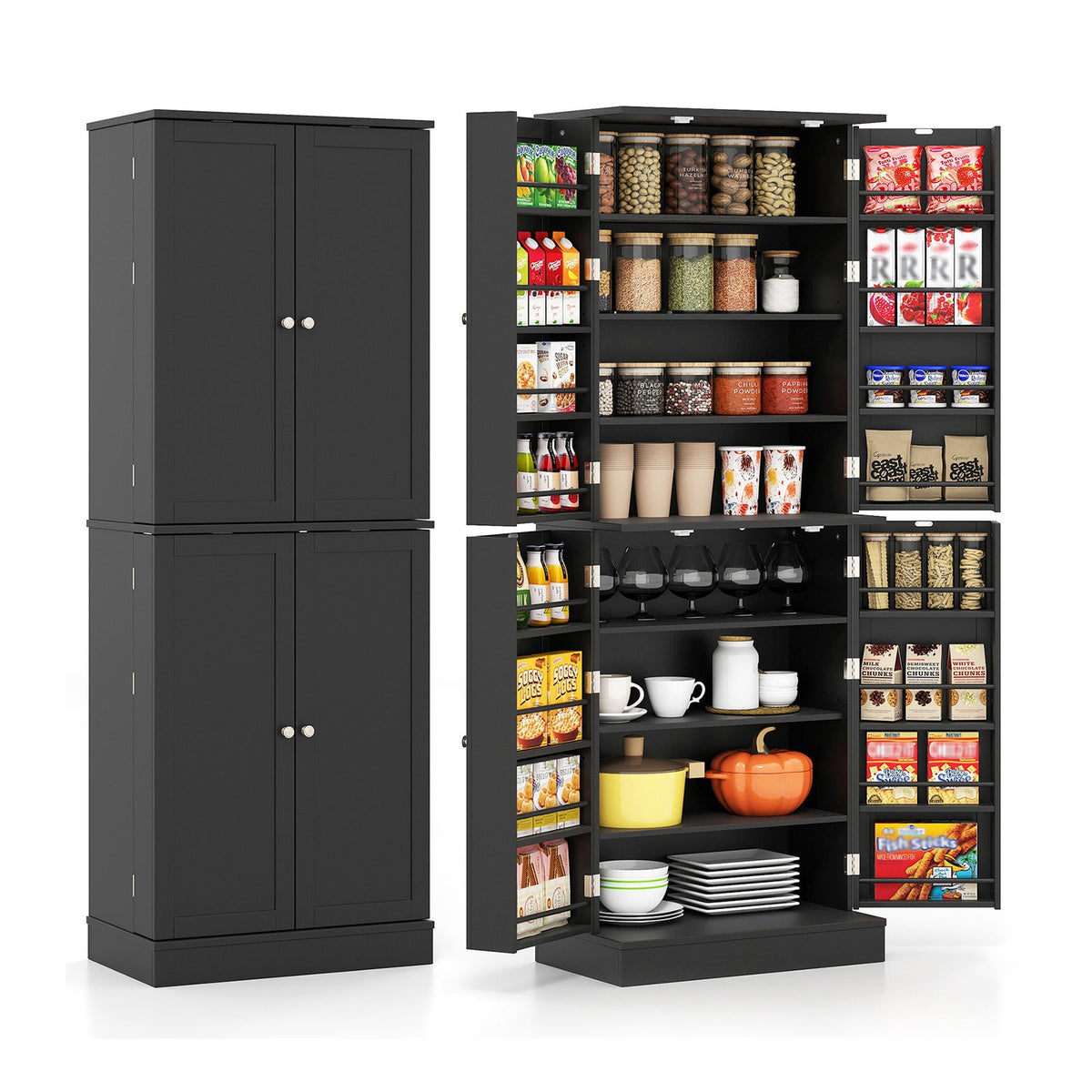 Tall freestanding kitchen pantry cabinet by DirectDeals, 65.5-inch storage cupboard with doors and shelves for organizing kitchen essentials.
