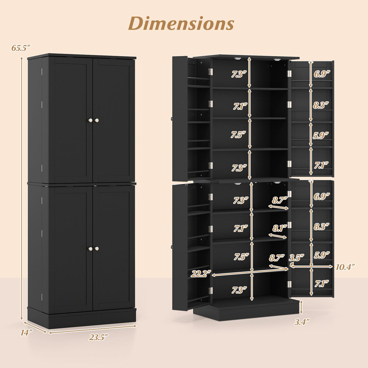 Tall freestanding kitchen pantry cabinet by DirectDeals, 65.5 inches tall, with multiple storage shelves and a modern design.
