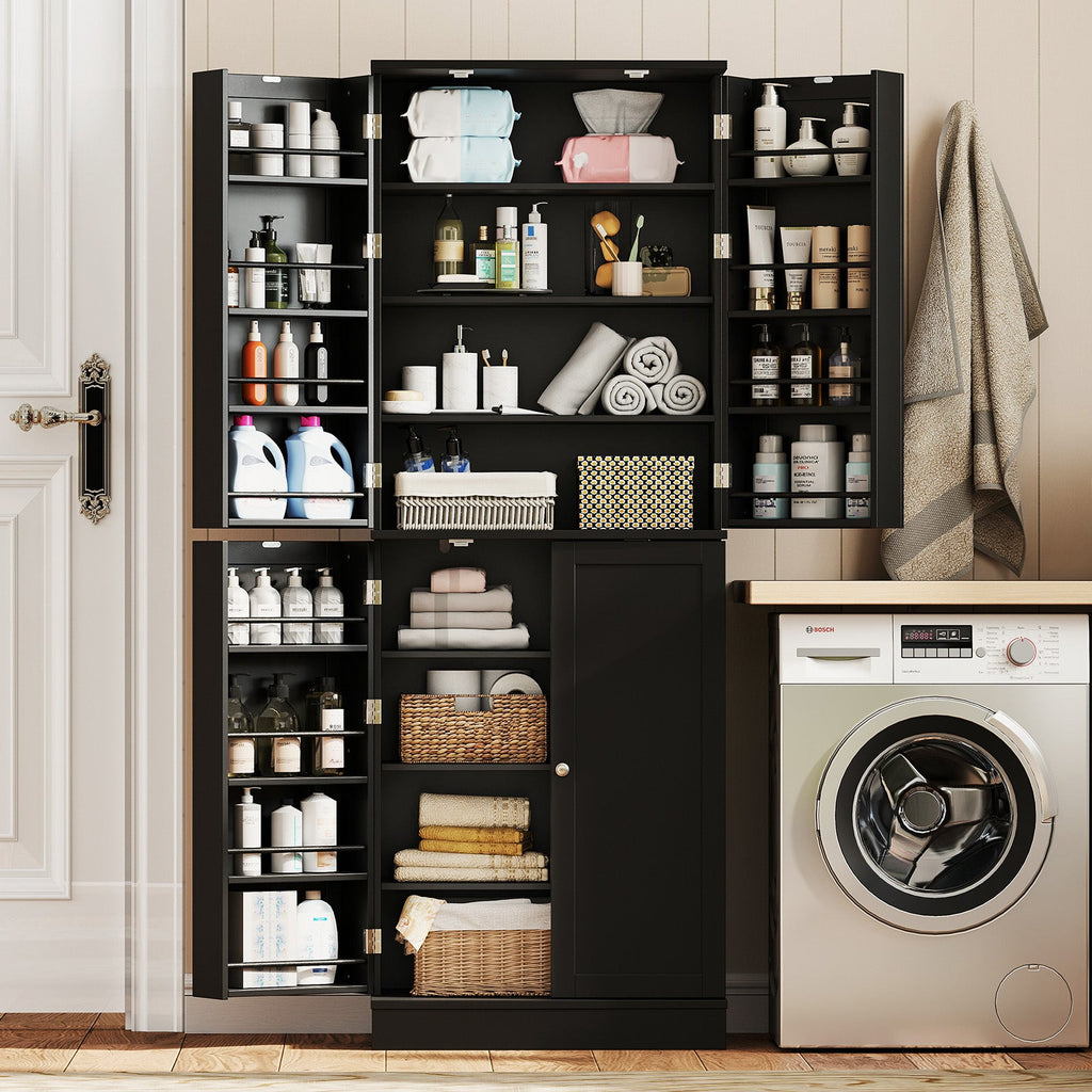 Tall 65.5-inch freestanding kitchen pantry cabinet from DirectDeals with multiple storage compartments and a sleek design.