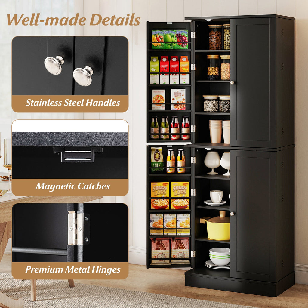 Tall freestanding kitchen pantry cabinet by DirectDeals, 65.5 inches tall, with multiple shelves and cabinet doors for storage.