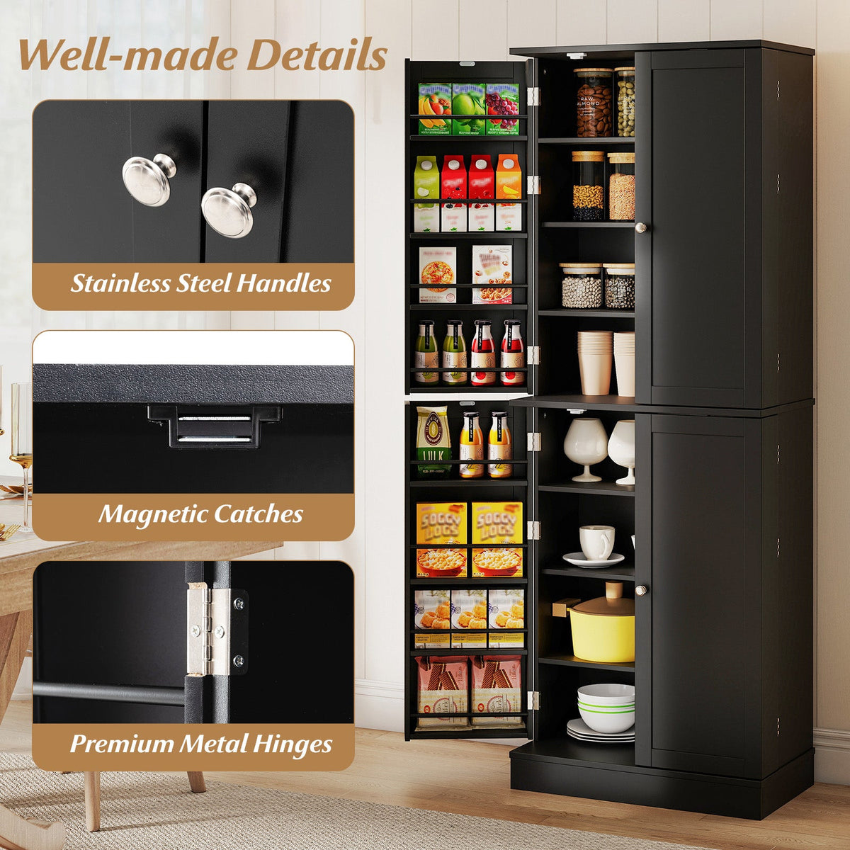Tall freestanding kitchen pantry cabinet by DirectDeals, 65.5 inches tall, with multiple shelves and cabinet doors for storage.