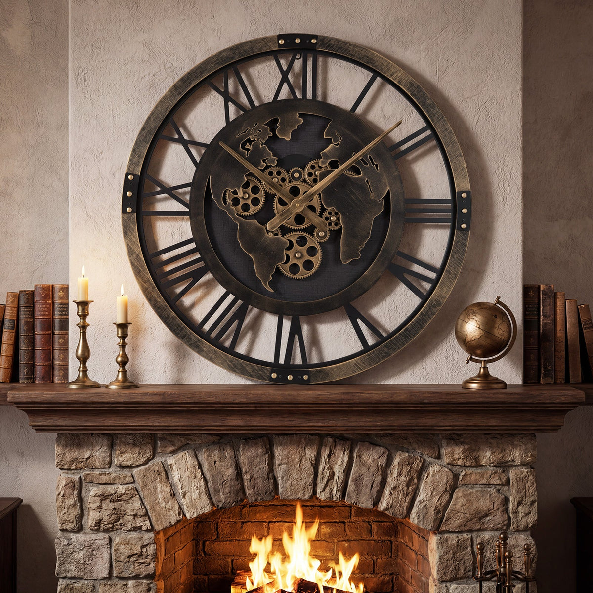 Large 27-inch gear wall clock with a world map design in brown, featuring bold black numbers and vintage style.