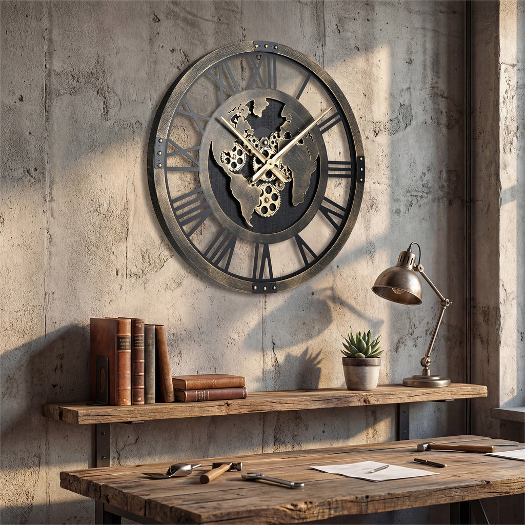 Large 27-inch gear wall clock with a world map design in brown, featuring a vintage industrial style from DirectDeals.