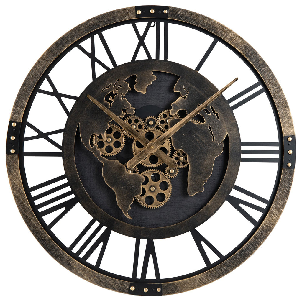 Large 27-inch gear wall clock with a world map design in brown, featuring a modern industrial style.