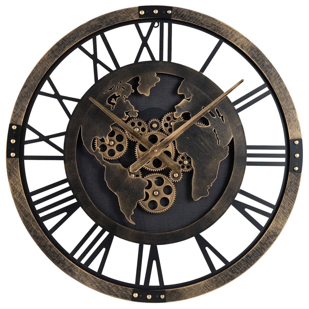 Large 27-inch gear wall clock with a world map design in brown, featuring a modern industrial style.