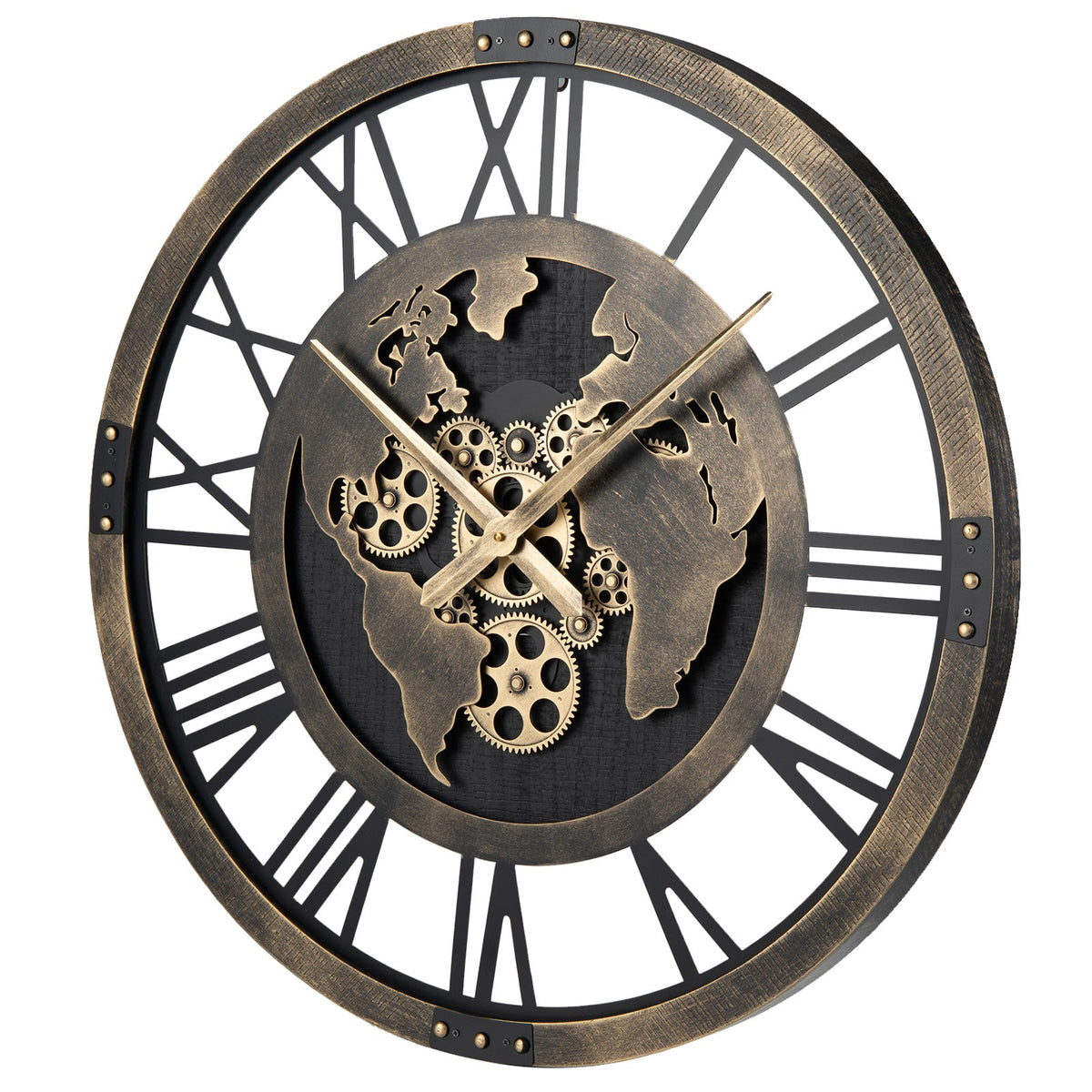 Large 27-inch gear wall clock with a world map design in brown, featuring a vintage-inspired style and bold time markings.