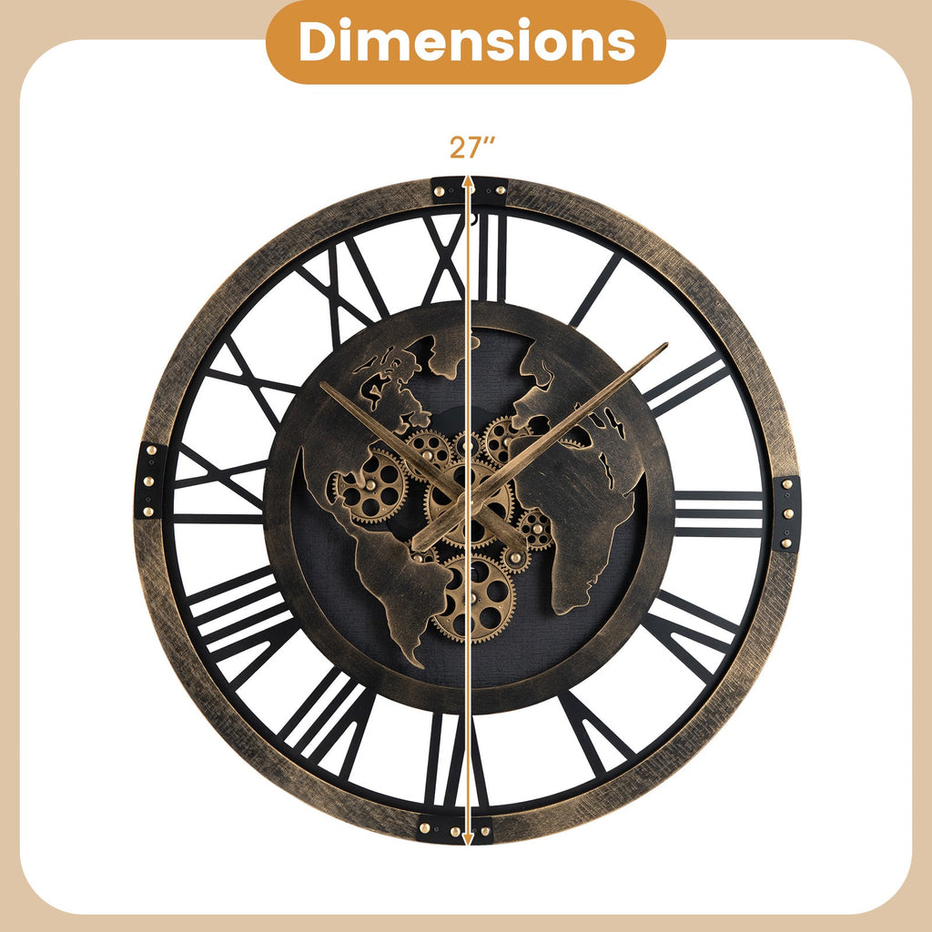 Large 27-inch gear wall clock with world map design in brown, featuring a vintage-inspired style for home decor.