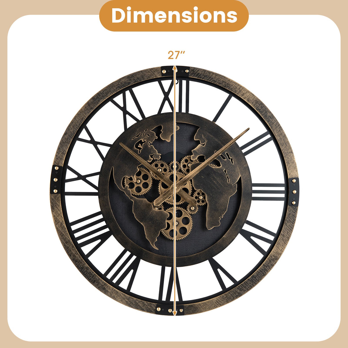 Large 27-inch gear wall clock with world map design in brown, featuring a vintage-inspired style for home decor.