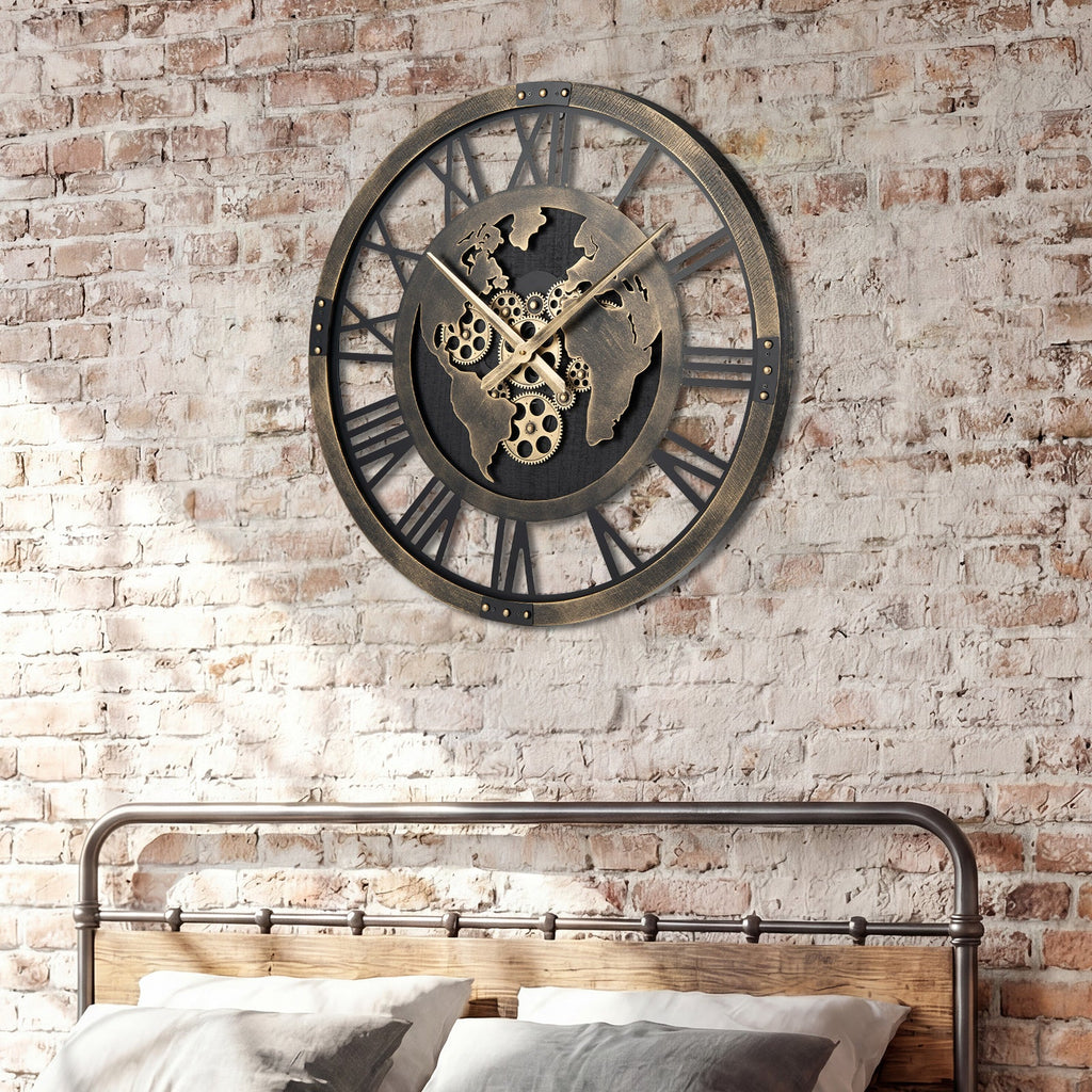 Large 27-inch gear wall clock with world map design in brown, featuring bold clock hands and a vintage-inspired style.