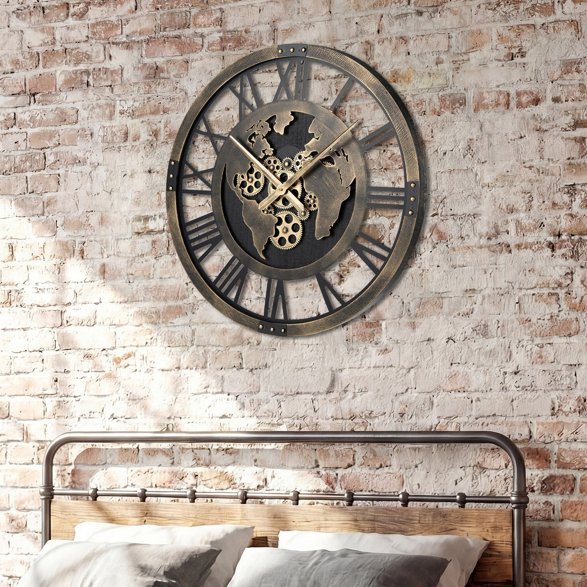 Large 27-inch gear wall clock with world map design in brown, featuring bold clock hands and a vintage-inspired style.