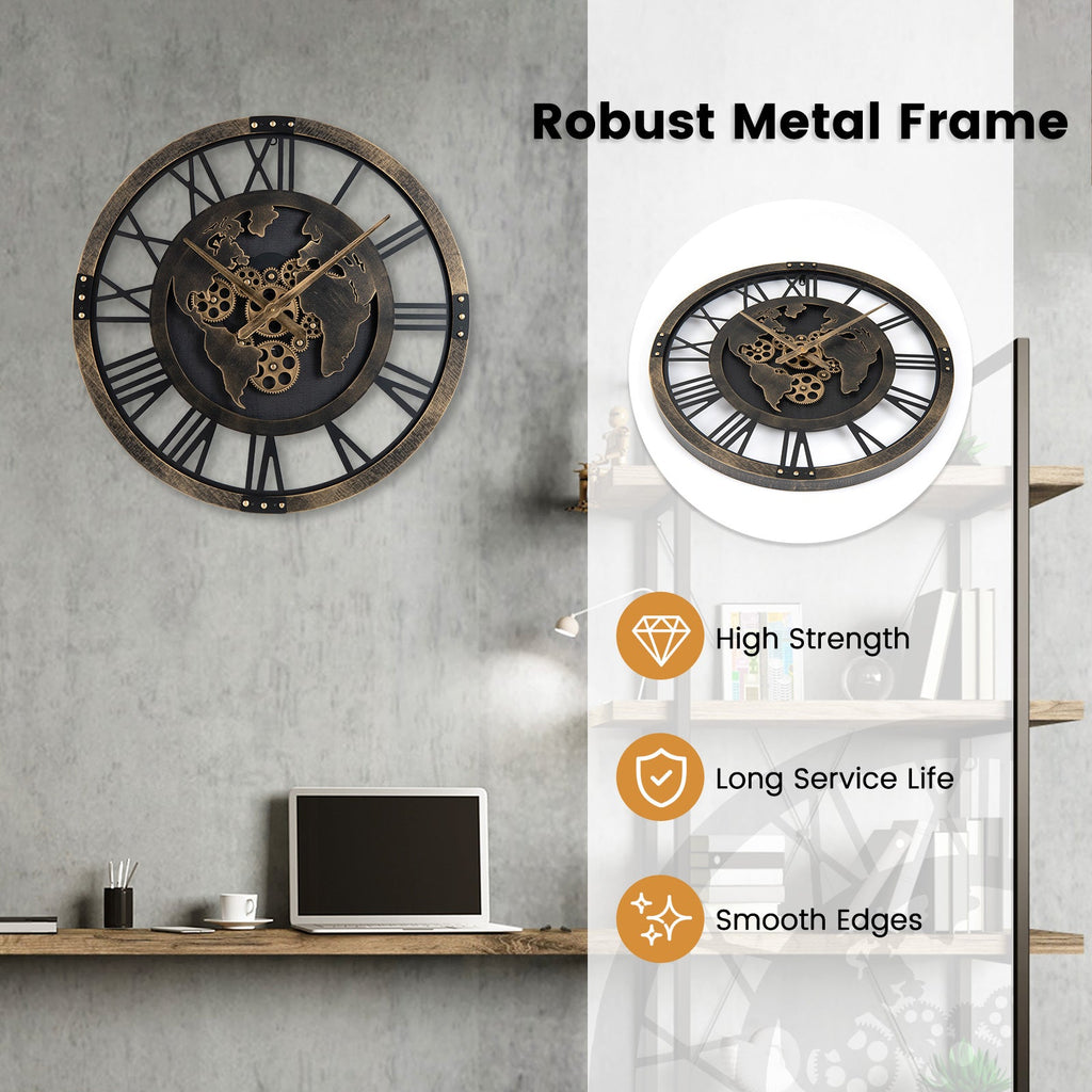 Large 27-inch gear wall clock with a world map design in brown, showcasing intricate gear details and a vintage style.