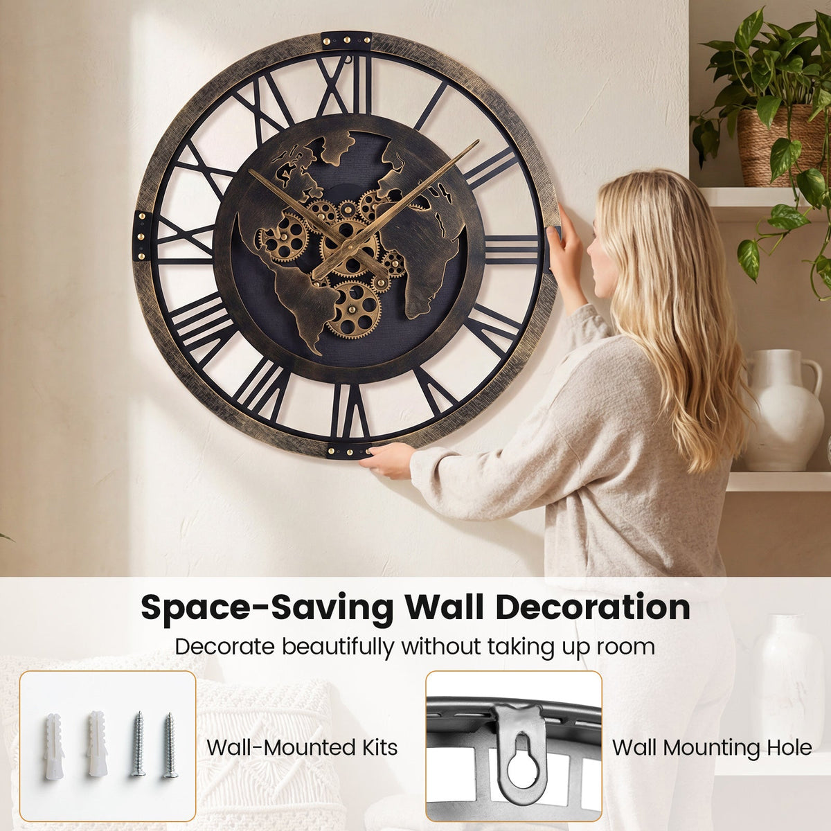 Large 27-inch brown gear wall clock featuring a world map design, perfect for modern home or office decor.