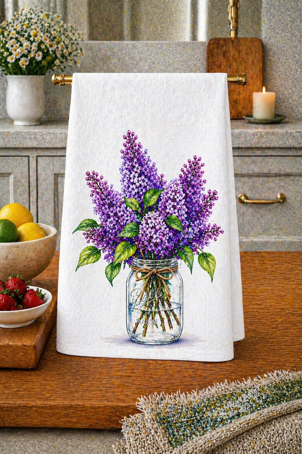 Lilacs in a Mason Jar Vase Kitchen Towel