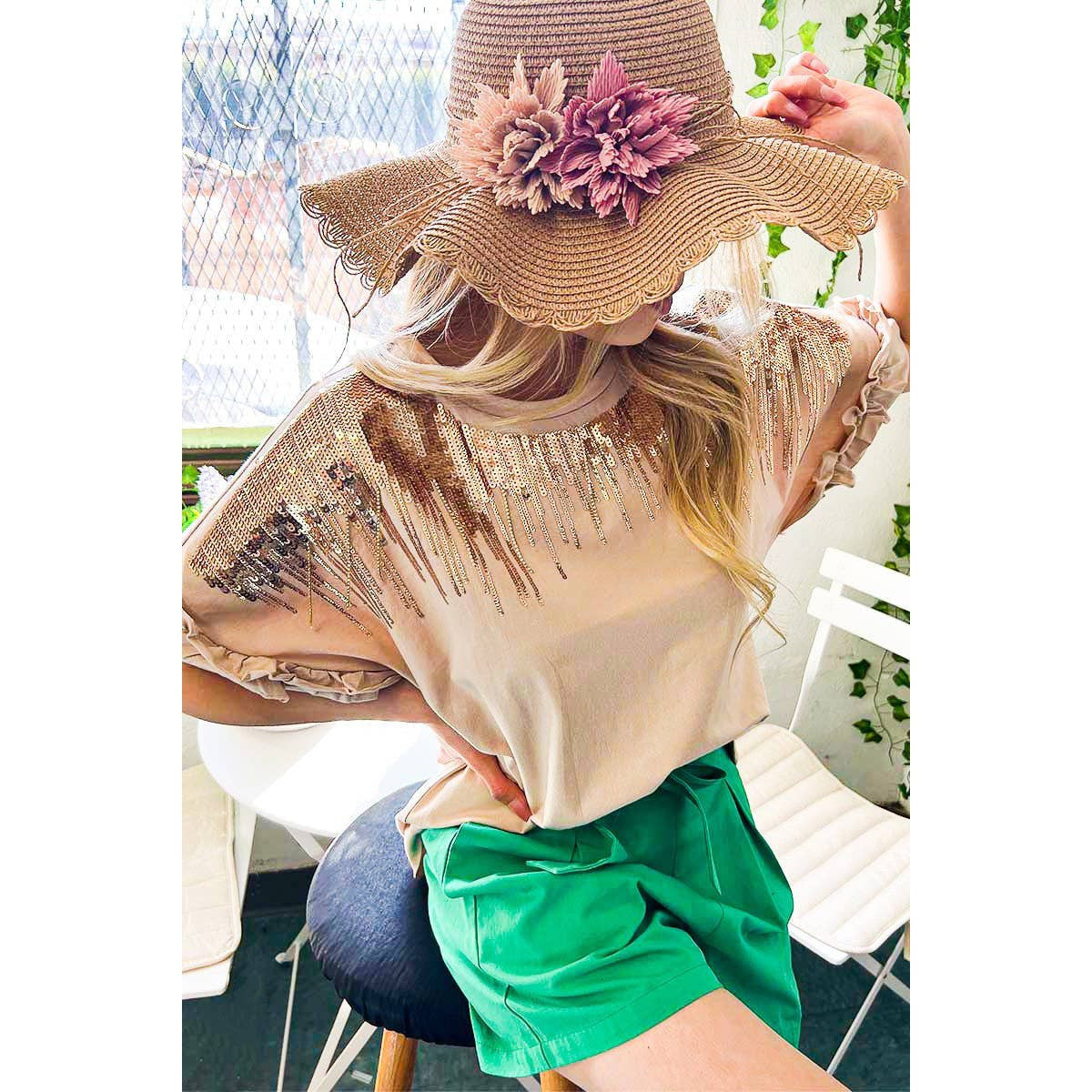 Ombre Sequin & Rhinestone Cotton Knit Top With Ruffle  [Available in Sizes SM-L] (Apparel) - view 10