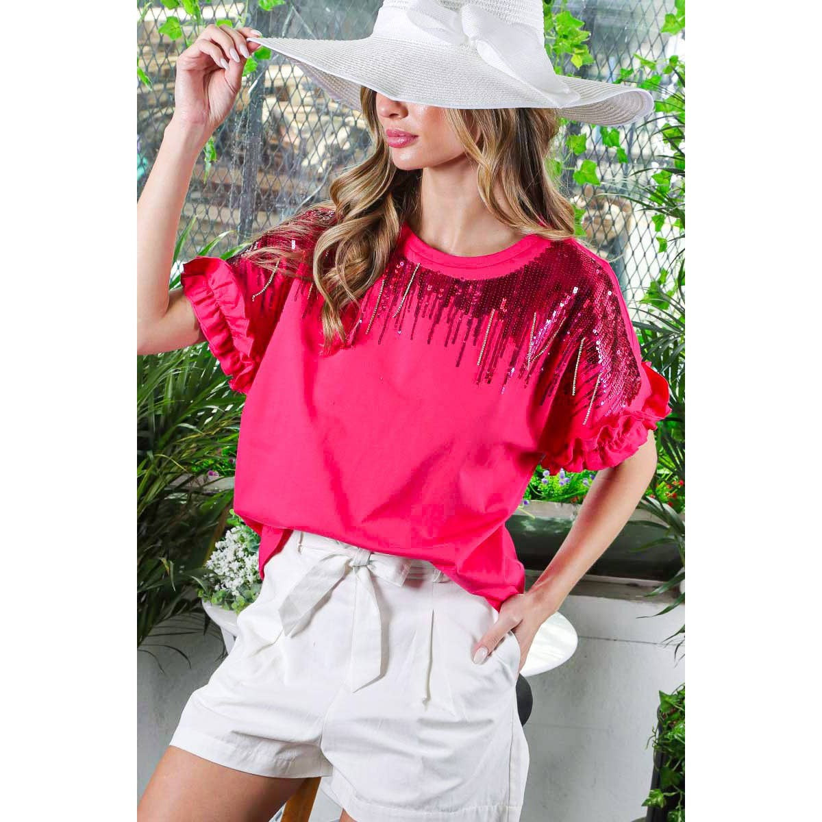 Ombre Sequin & Rhinestone Cotton Knit Top With Ruffle  [Available in Sizes SM-L] (Apparel) - view 7