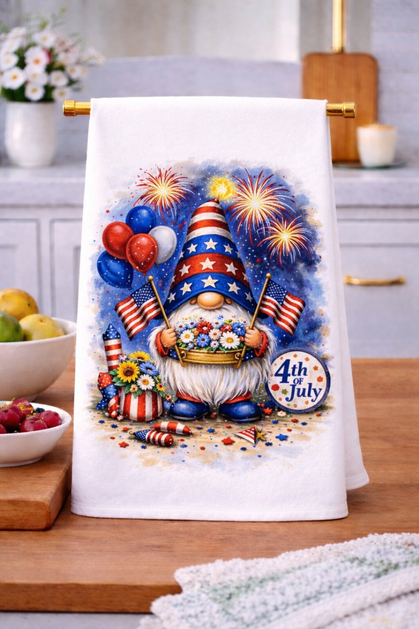 USA America Patriotic Gnome with Fireworks Kitchen Towel