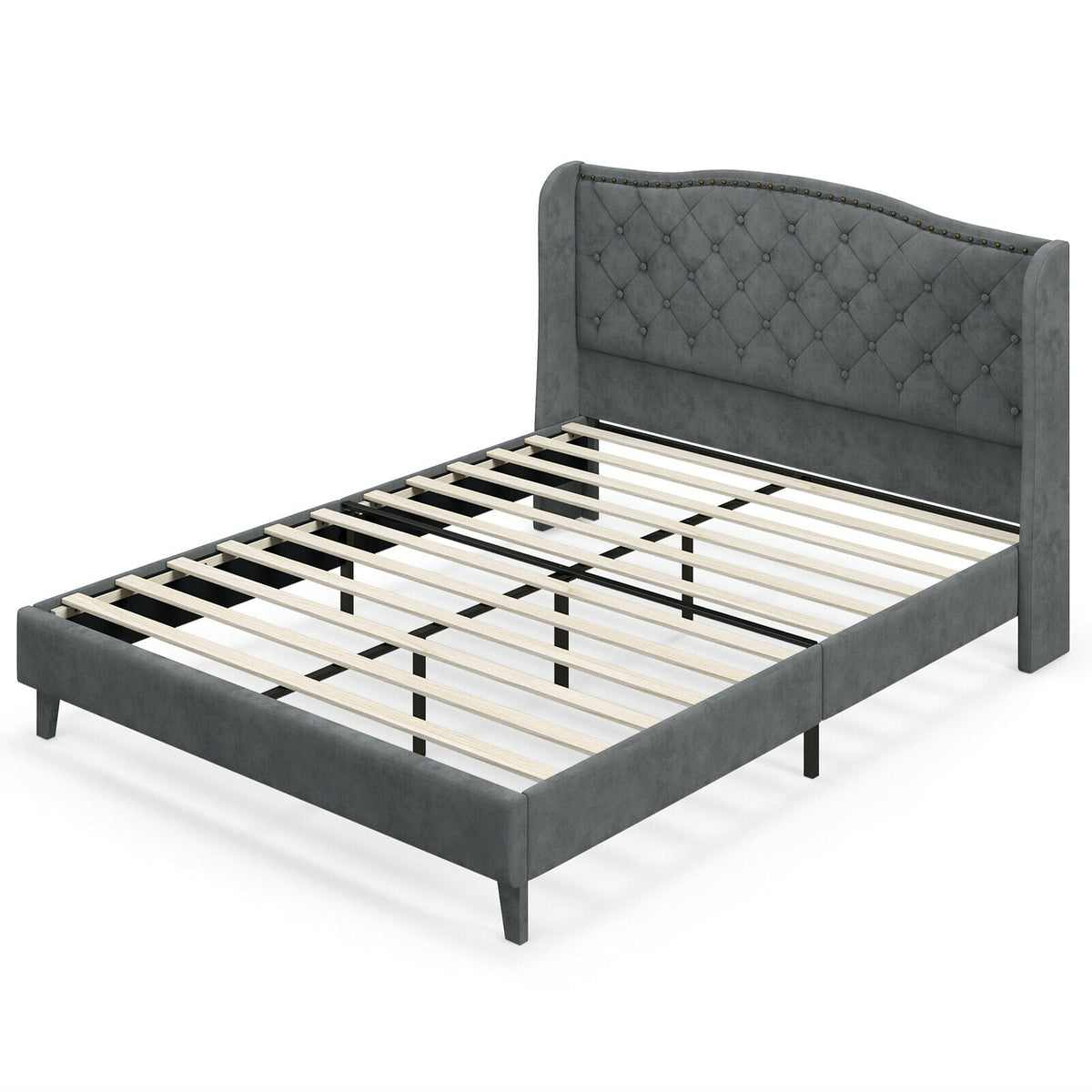 Full/Queen size upholstered platform bed frame with button-tufted headboard, featuring a sleek, modern design in neutral fabric.