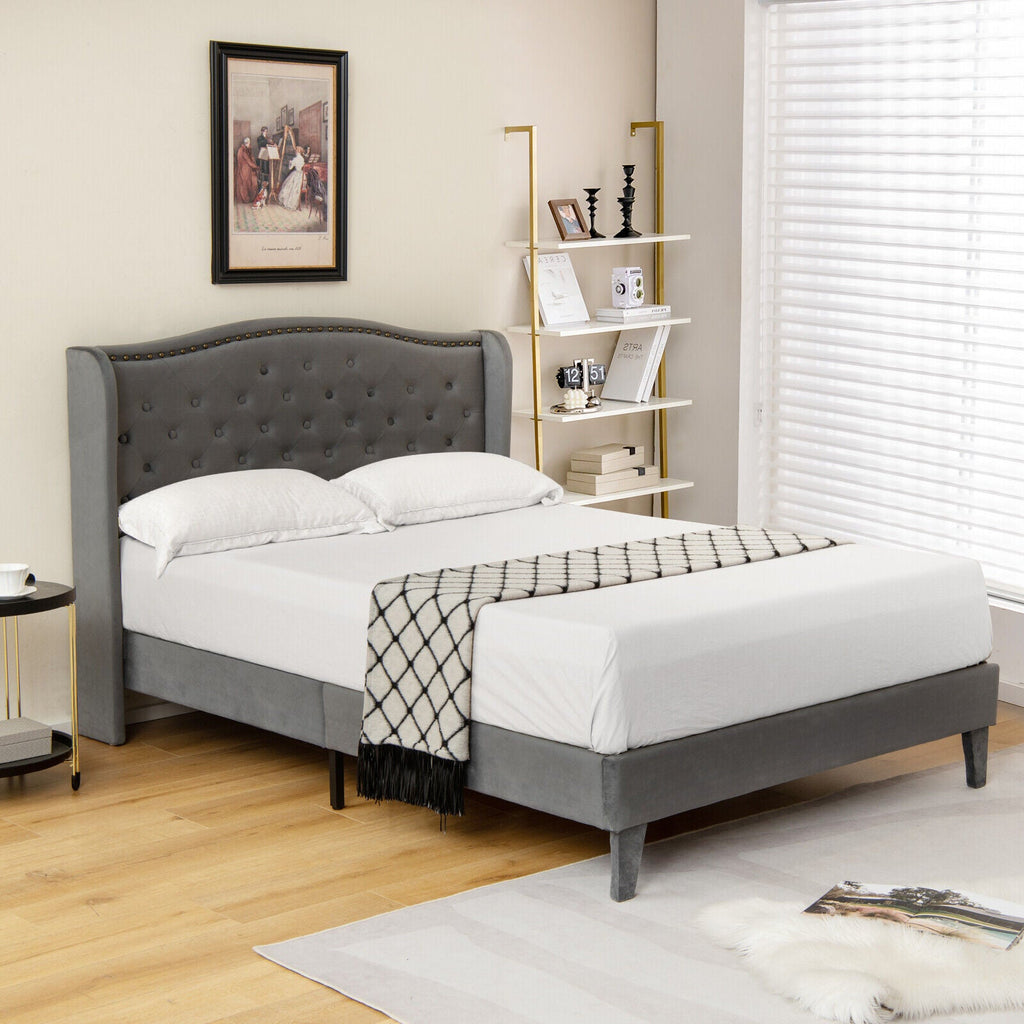 Full or queen size upholstered platform bed frame with a button-tufted headboard, featuring a sleek, modern design from DirectDeals.