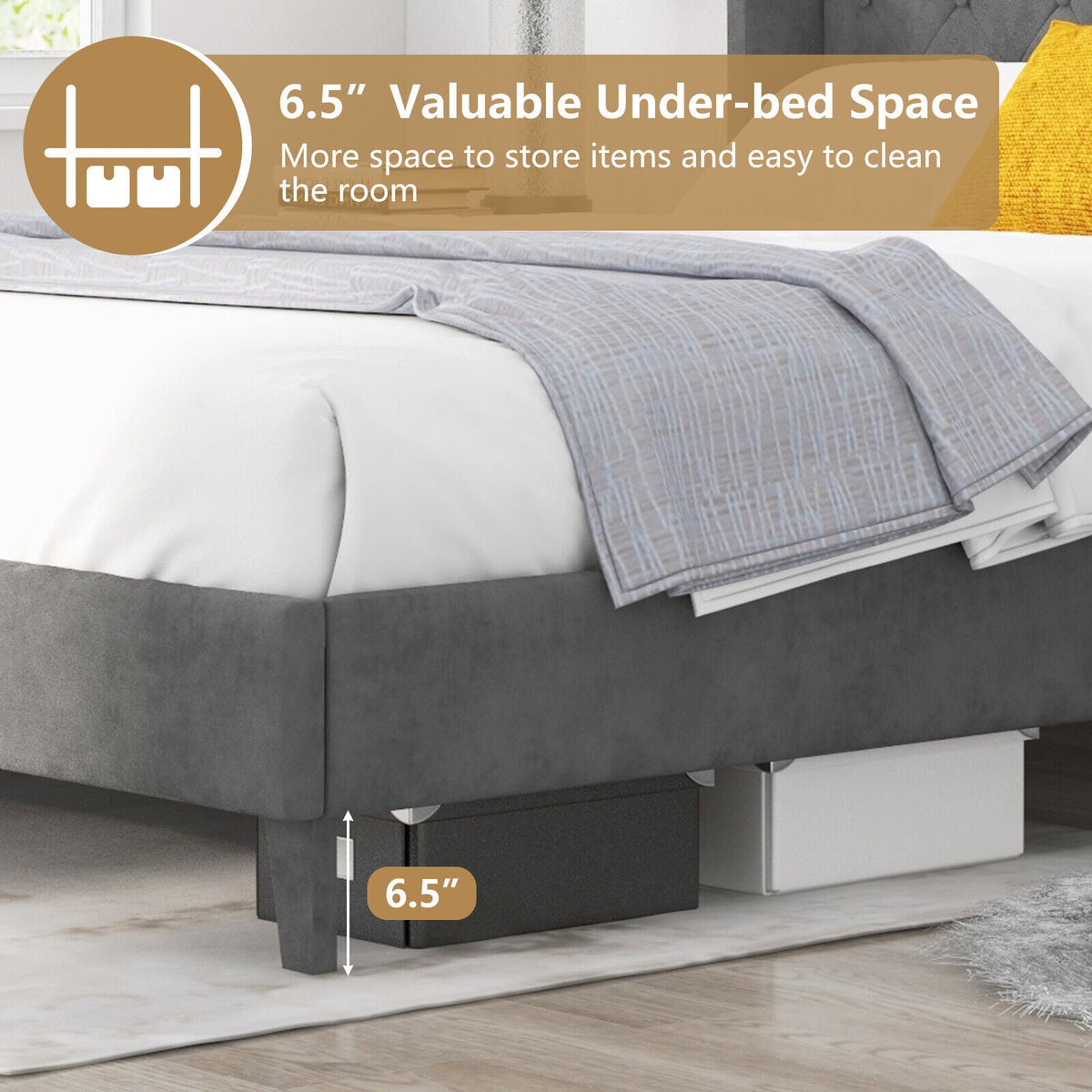 Full/Queen size upholstered platform bed frame with button-tufted headboard, showcasing a sleek, modern design and soft fabric upholstery.