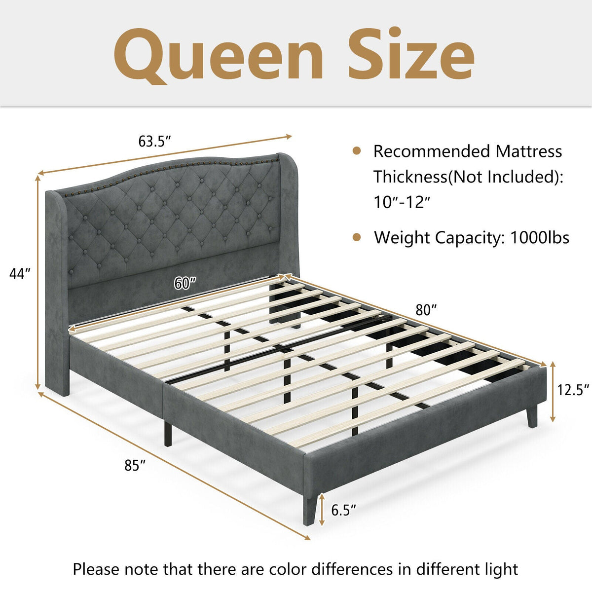 Full/Queen size upholstered platform bed frame with button-tufted headboard, showcasing a stylish, padded design for bedroom decor.