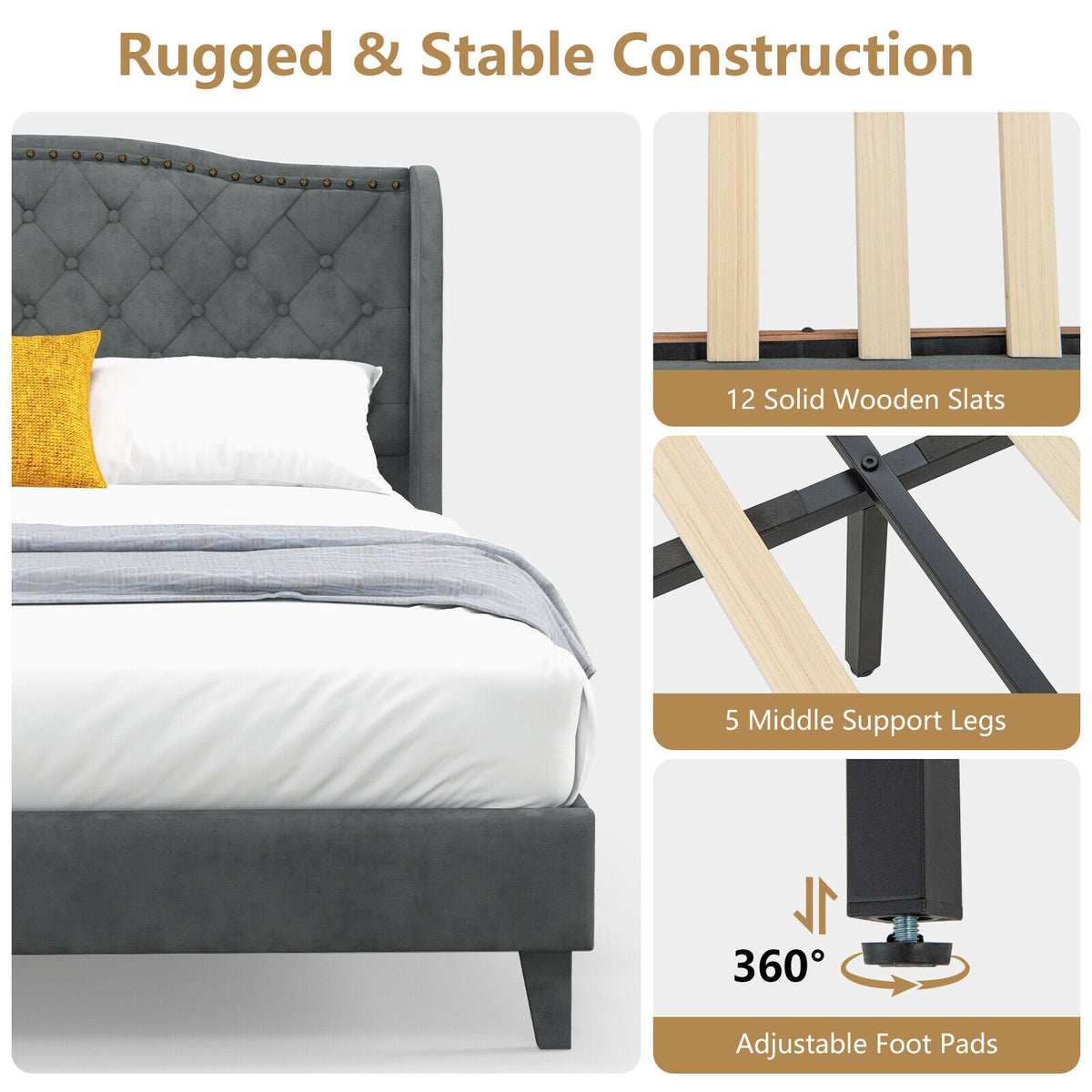 Full/Queen size upholstered platform bed frame with a button-tufted headboard, showcasing a stylish and comfortable bedroom centerpiece.