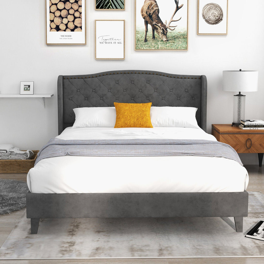 Full/Queen size upholstered platform bed frame with button tufted headboard by DirectDeals, showcasing a stylish fabric-covered design.