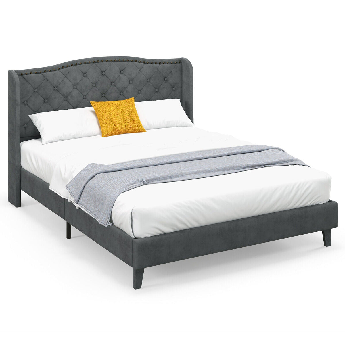 Full/Queen size upholstered platform bed frame with button-tufted headboard, featuring a stylish and comfortable design by DirectDeals.