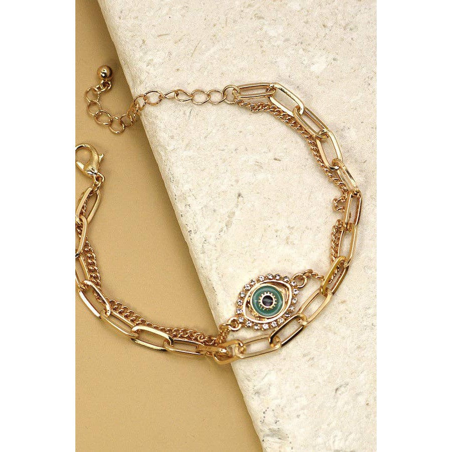 Rhinestone Epoxy Eye Chain Bracelet | Double Layer Gold Tone Jewelry (Bracelets) - view 3
