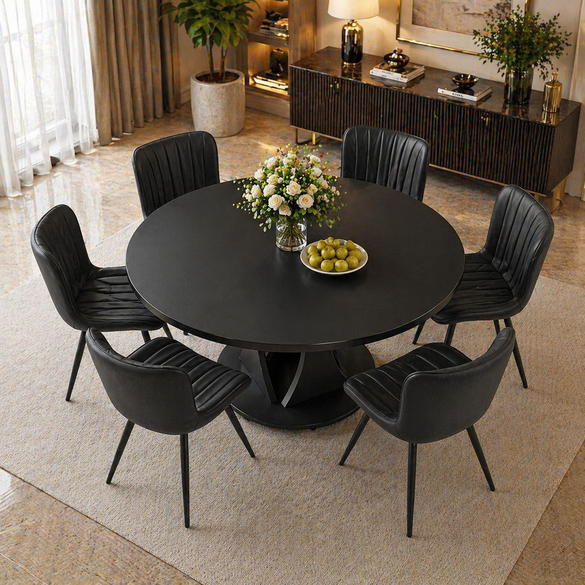 59" Extendable Round Dining Table Set with 6 PU Leather Chairs, Black Dining Room Bundle