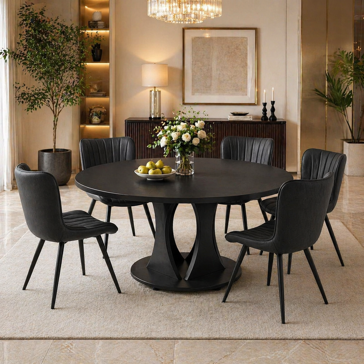 59" Extendable Round Dining Table Set with 6 PU Leather Chairs, Black Dining Room Bundle