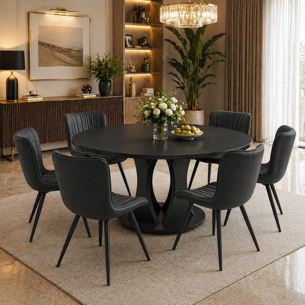 59" Extendable Round Dining Table Set with 6 PU Leather Chairs, Black Dining Room Bundle