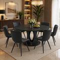 59" Extendable Round Dining Table Set with 6 PU Leather Chairs, Black Dining Room Bundle