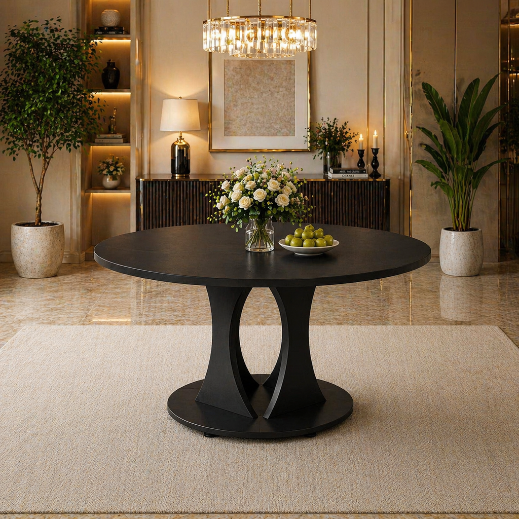 59" Extendable Round Dining Table Set with 6 PU Leather Chairs, Black Dining Room Bundle