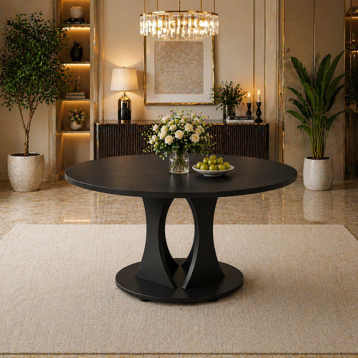 59" Extendable Round Dining Table Set with 6 PU Leather Chairs, Black Dining Room Bundle