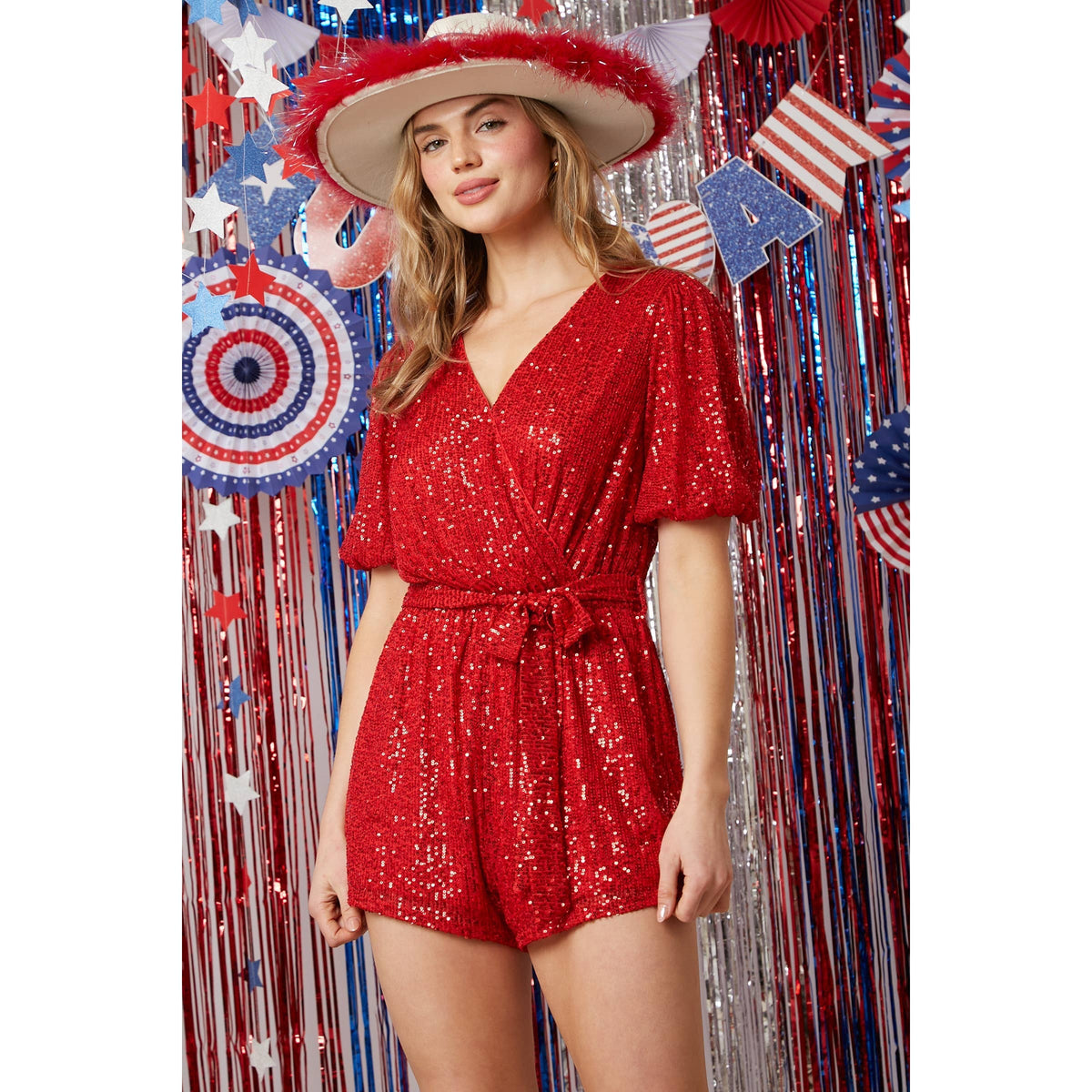 Short Puff Sleeve Sequin Romper in Red [Sizes SM-L] (Apparel) - view 7