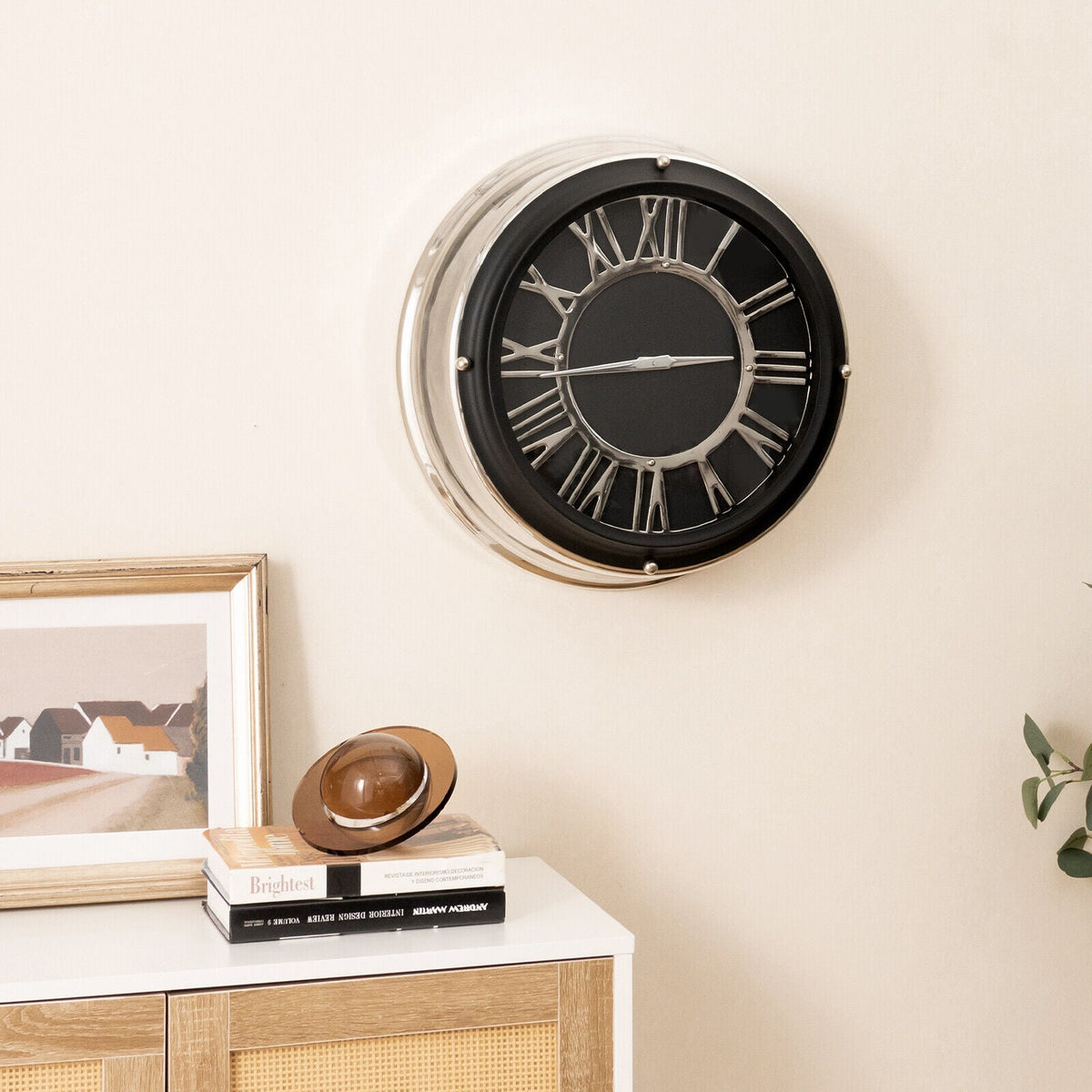 Silver frame silent wall clock with 13.5/17.5 inch diameter, modern design, perfect for home or office decor.