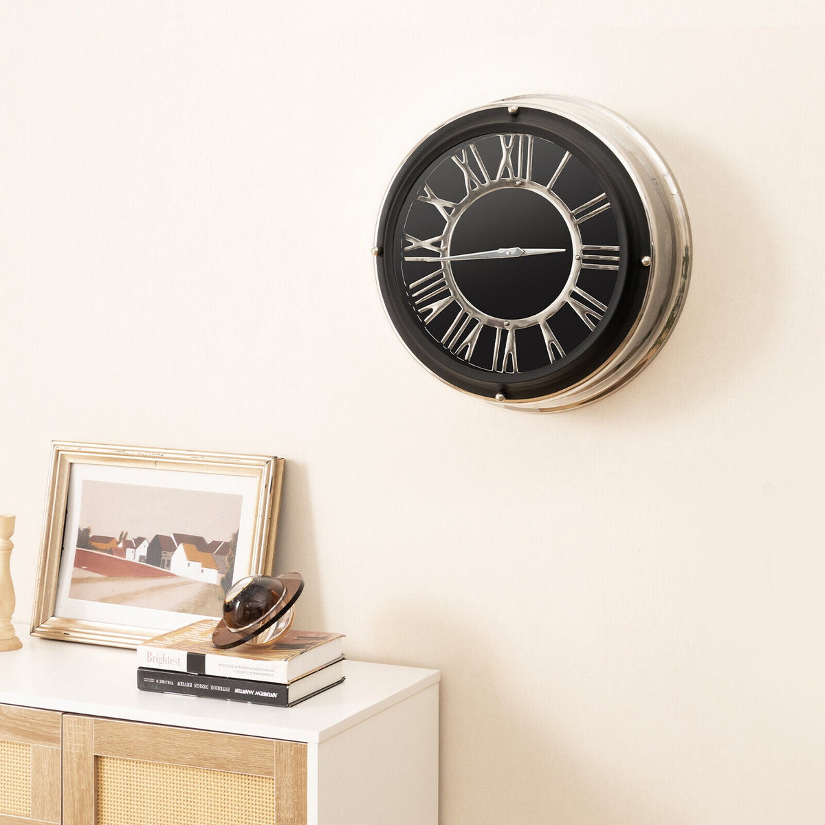 Silent wall clock with a sleek silver frame, 13.5/17.5 inch size, and modern design from DirectDeals.