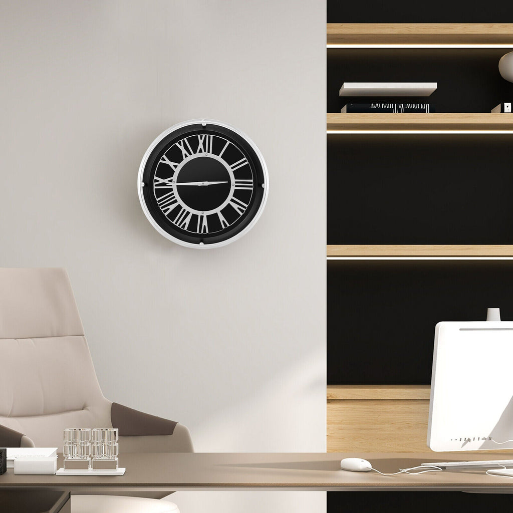 Silent wall clock with a silver frame, featuring a 13.5/17.5 inch diameter, designed for quiet operation and modern decor.